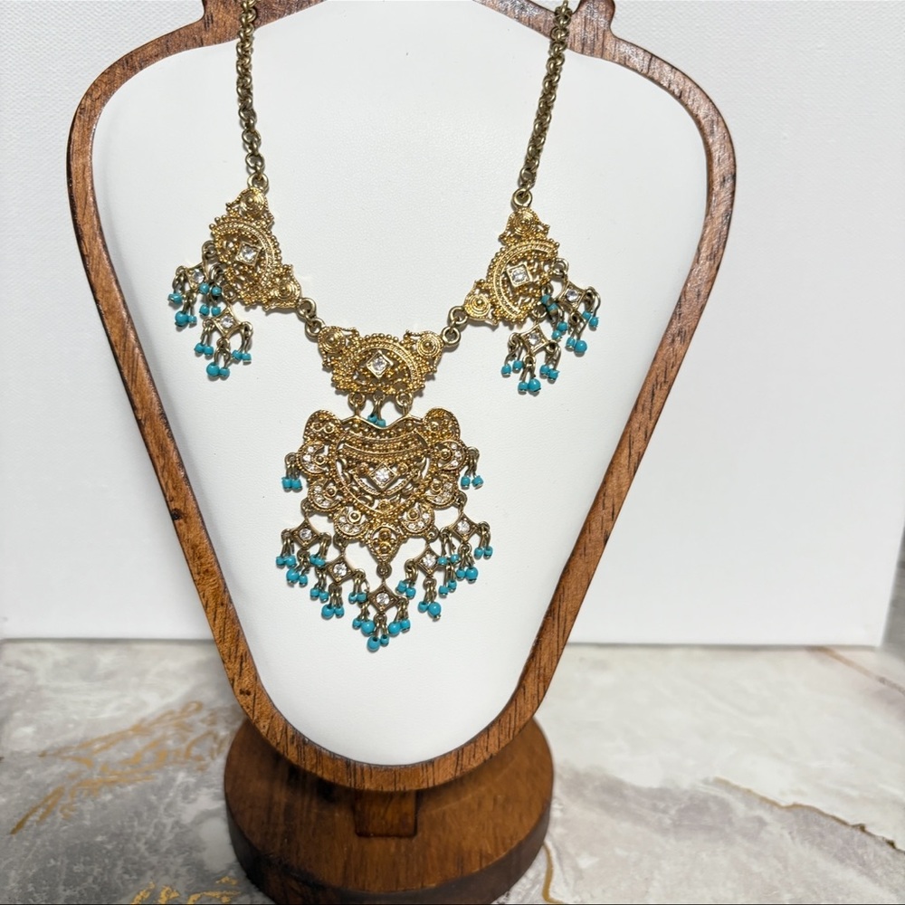 Ornate Gold tone Necklace with Blue Accents